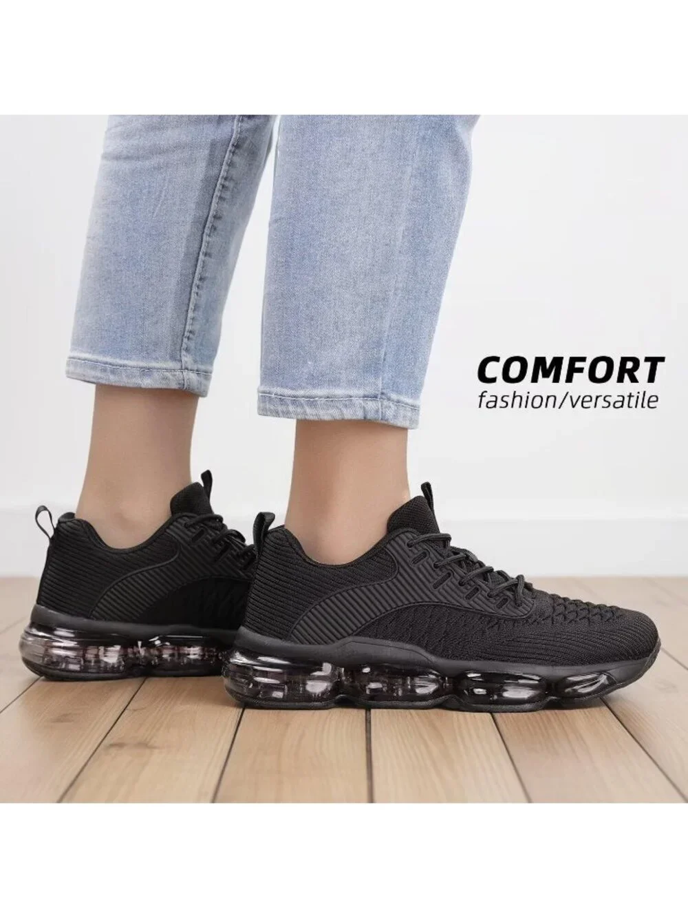 Women's Black Walking Air Cushion Breathable Mesh Casual Athletic Sneaker Shoes